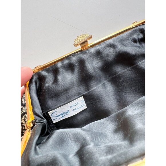 Vintage SIMPSON'S Black Gold Brocade Kiss Loss Evening Purse Bag - Picture 8 of 9